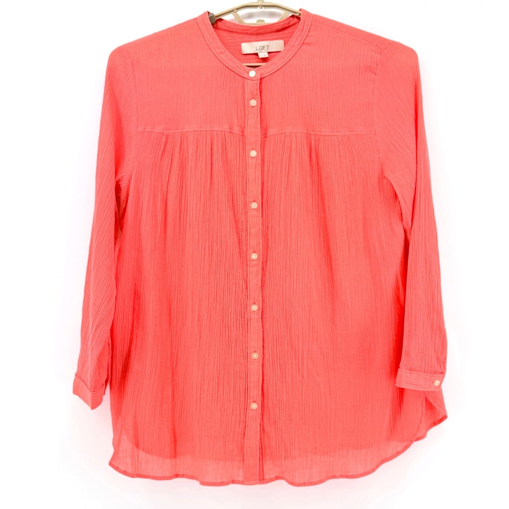 LOFT Blouse Womens Size L Salmon Pink LIKE NEW Cotton Gauze Button Front 459920